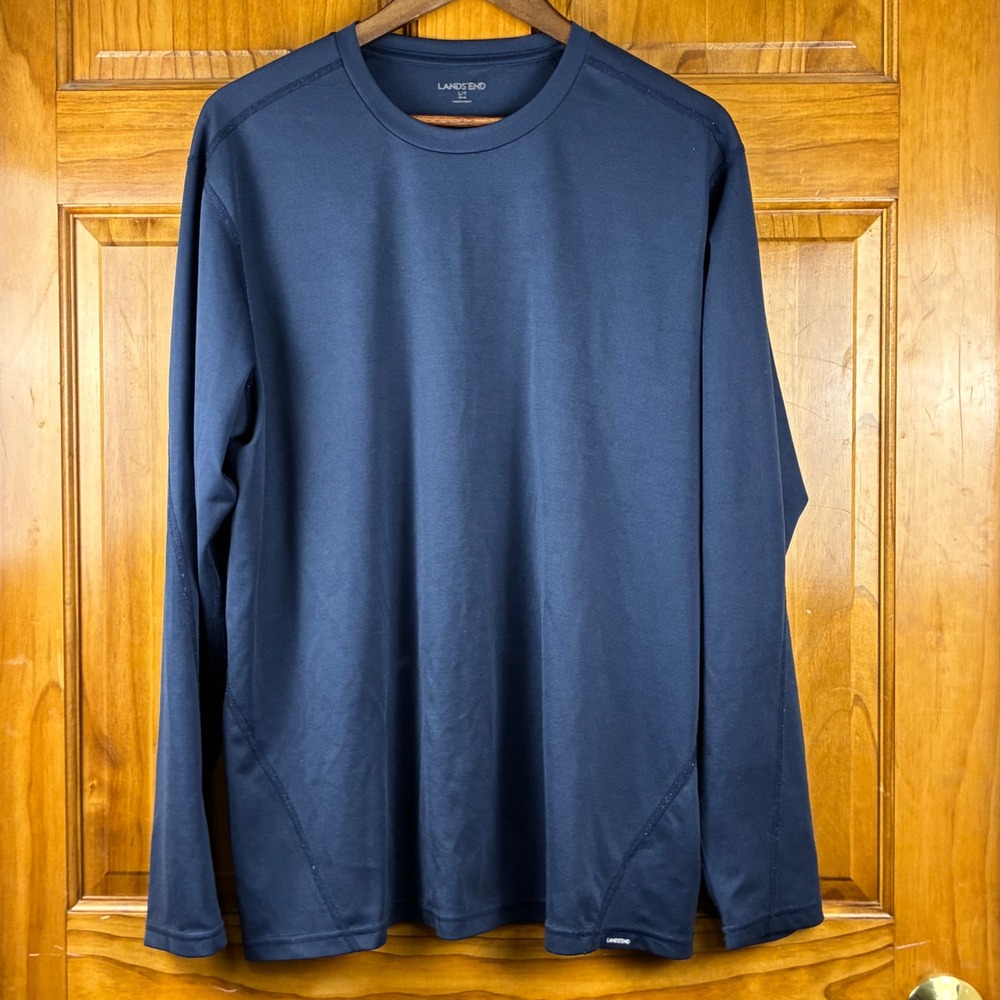 Lands End Mens Large Tall LT Navy Blue Long Sleeve Athletic Performance Shirt